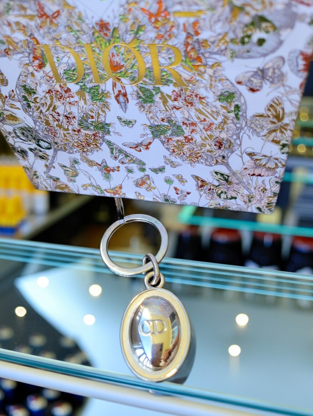 CHRISTIAN DIOR Silver Tone CD Oval Key Ring Keychain Unisex